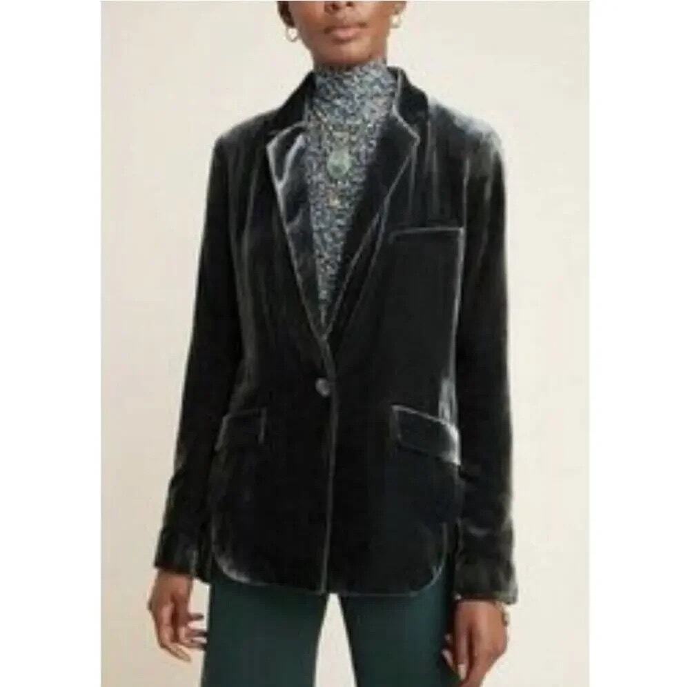 Anthropologie NWOT Women's Alessia Green Velvet Blazer Patterned Lining Size S